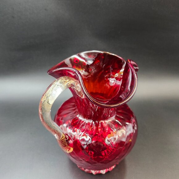 Vintage Art Glass Red Quilted Jug Ewer Applied Handle - Picture 4 of 16